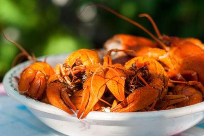 Close-up of boiled crayfish in bowl ready to eat
