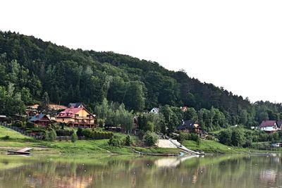 Scenic view of lake and buildings against sky