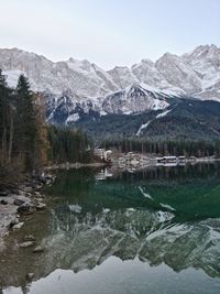 Scenic view of lake and mountains against sky