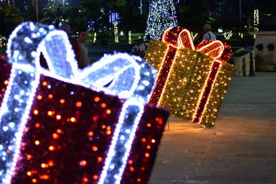 Close-up of illuminated christmas tree at night