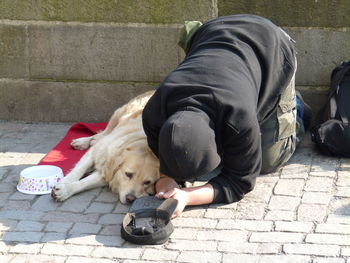 Rear view of man sleeping on footpath