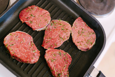 High angle view of meat on table