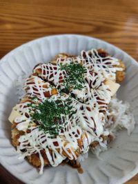 High angle view of food in plate on table