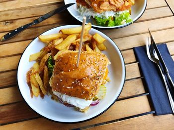 High angle view of food served in plate on table