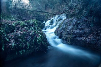 Blurred motion of waterfall amidst trees in forest