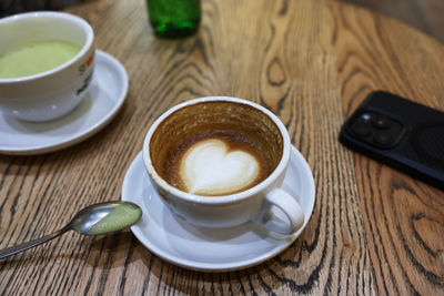 High angle view of coffee on table