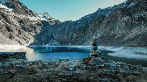 Scenic view of lake and mountains against sky