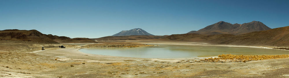 Scenic view of mountains against clear blue sky