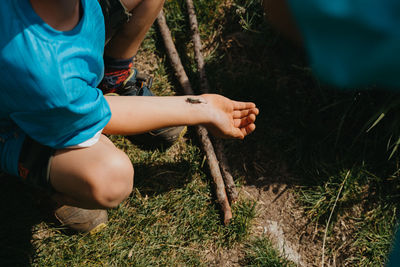 Resting grasshopper on child's arm