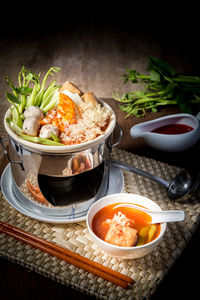 High angle view of food served on table