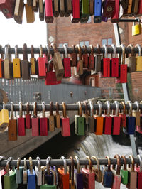 Close-up of padlocks hanging in row