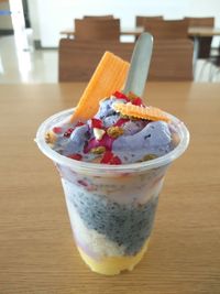 Close-up of ice cream on table