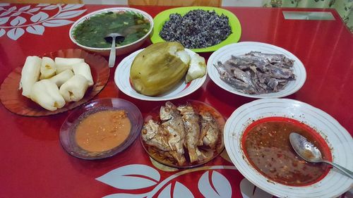 High angle view of meal served on table