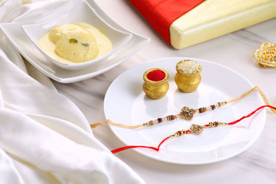 High angle view of food in plate on table