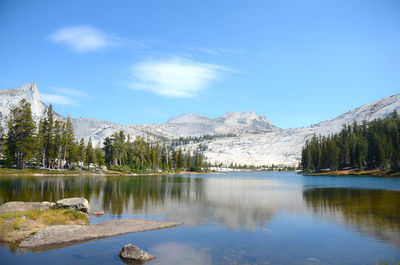 Scenic view of lake and mountains against sky