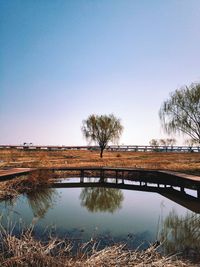 Scenic view of calm lake against clear sky