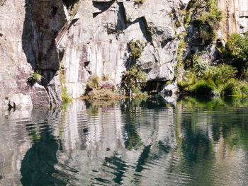 Scenic view of lake by rocky mountains