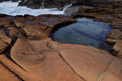 High angle view of water flowing through rocks