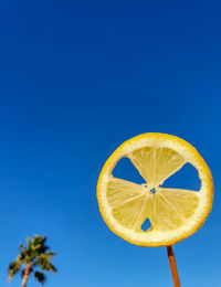 Low angle view of oranges against blue sky