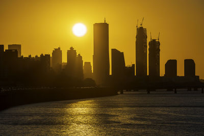 Scenic view of river by buildings against sky during sunset