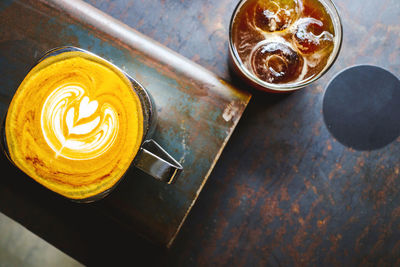 High angle view of coffee on table