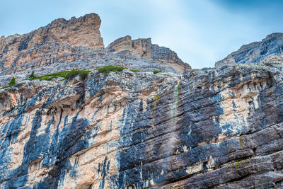 Low angle view of rocky mountains against sky