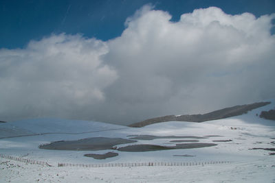 Scenic view of snow covered land against sky