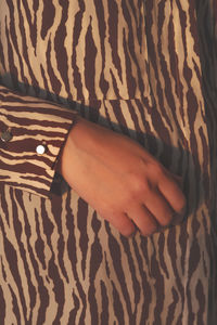 Human hand in evening sun, stylish shirt. woman body parts, designer zebra pattern clothes