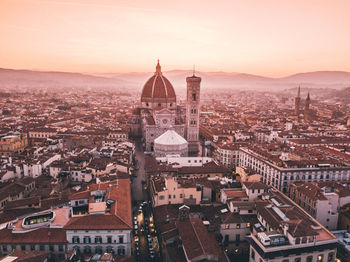 High angle view of townscape against sky during sunset