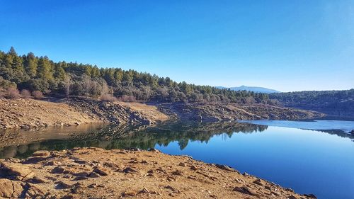 Scenic view of lake against clear blue sky