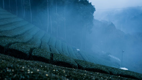 Scenic view of mountains during foggy weather