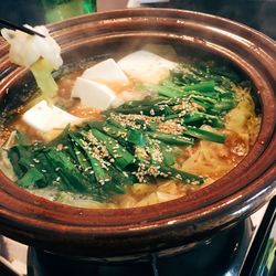 High angle view of soup in bowl