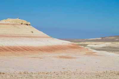 Scenic view of desert against clear blue sky