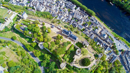 High angle view of houses in town