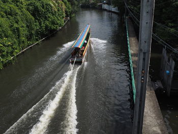 High angle view of nautical vessel on river