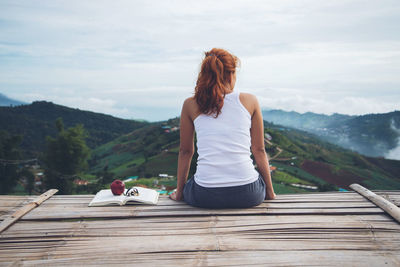 Rear view of woman sitting on wooden structure against sky