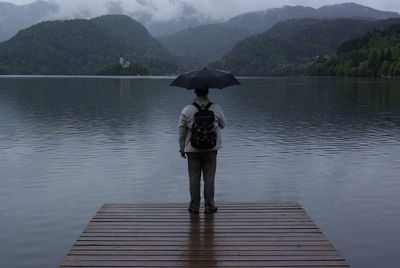 Full length of woman standing on lake against sky