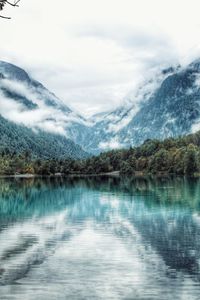 Scenic view of lake and mountains against sky