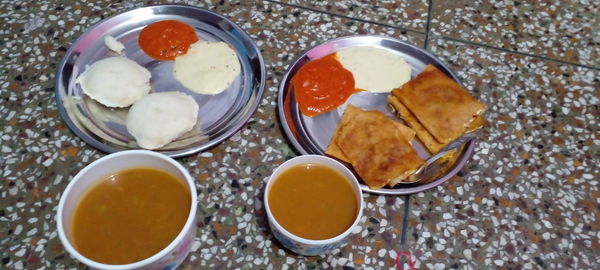 High angle view of breakfast on table