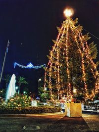 Illuminated christmas tree against sky at night