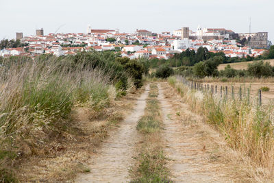 Footpath amidst houses in city against sky