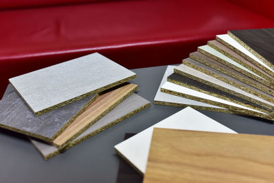 High angle view of books on table