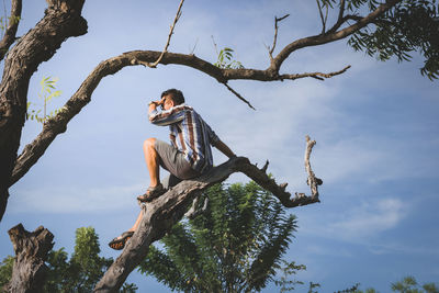 Low angle view of man sitting on tree against sky