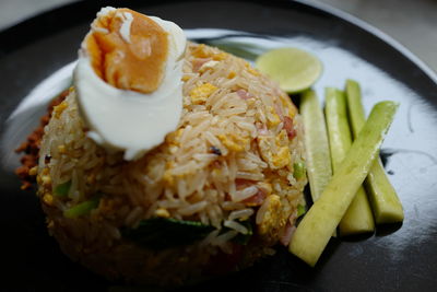 High angle view of breakfast served on table