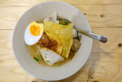 High angle view of breakfast served on table