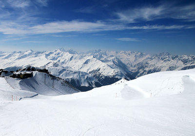 Scenic view of snow covered mountains against sky