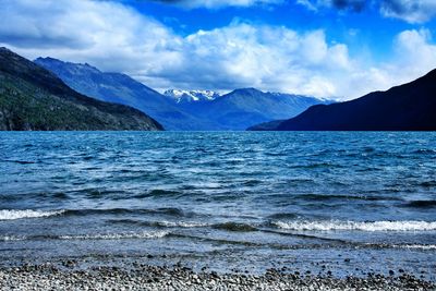 Scenic view of lake against cloudy sky