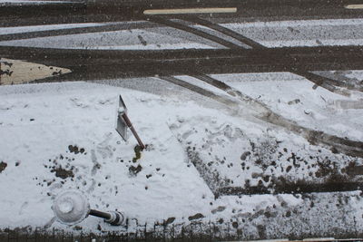 High angle view of snow covered field