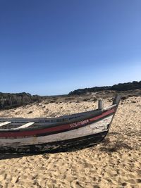 Scenic view of beach against clear blue sky