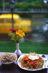 Close-up of meal served on table